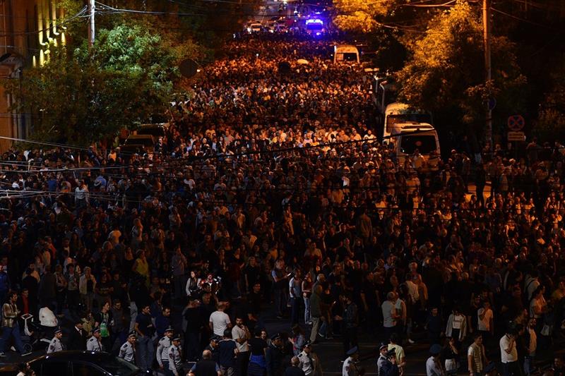 Armenians take part in an anti-government protest in central Yerevan on September 24, 2023. 